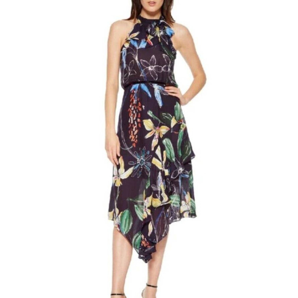 Parker Julieta Blue Floral High Neck Asymmetrical Dress - Picture 1 of 7